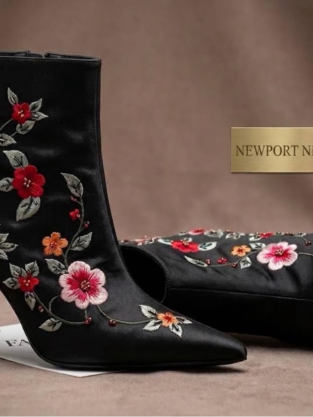 Newport News Black Ankle Boots with Multicolor Floral Embroidery